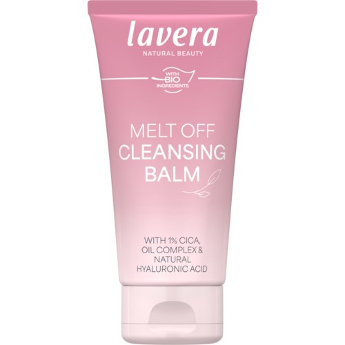 Liten rosa tub med Lavera Melt Off Cleansing Balm med ingredienser på framsidan.