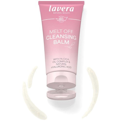 Läppig tub med Lavera Melt Off Cleanser Balm med produkten på båda sidor.