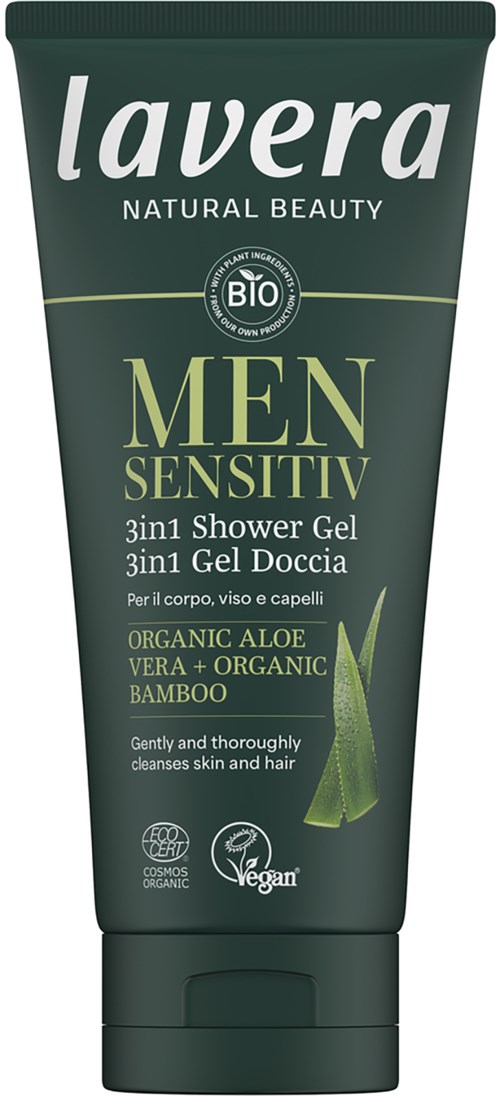 A green tube of Lavera men's shower gel, labeled 'Natural Beauty', with aloe vera and bamboo, for skin and hair.
