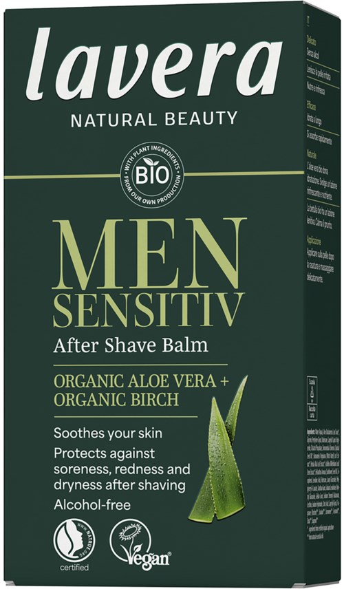 Grønn eske med aloe vera og bjørkeblader, merket for men etter barbering balsam, beroligende og beskyttende, alkohol fri.