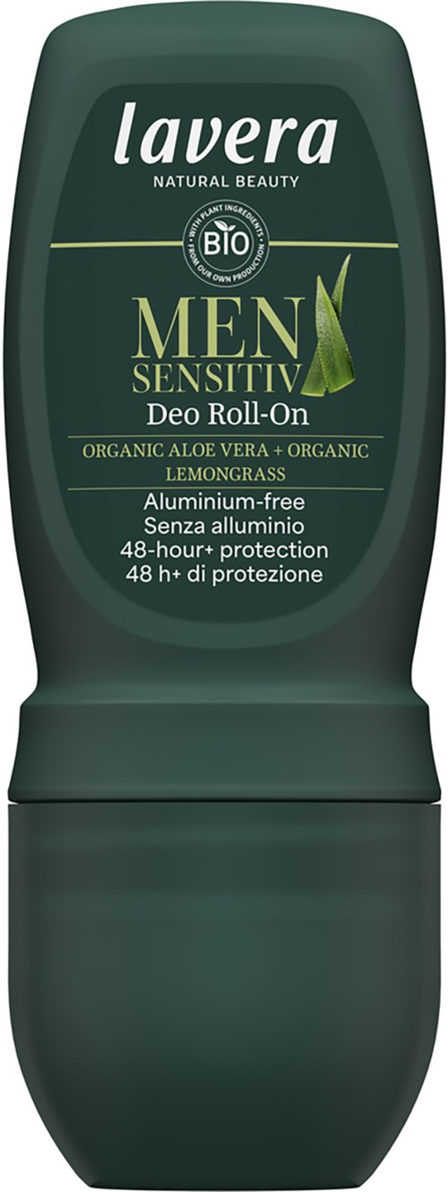Roll-on deodorantti, jossa lukee 'Lavera Men Sensitive' ja sisältää luonnollisia ainesosia, sitruunaruohotuoksu ja 48 tunnin suoja.