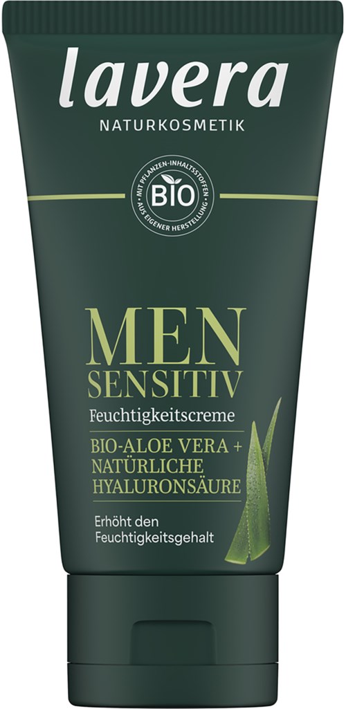 Lavera men's moisturizing cream in a green tube with white and yellow text, featuring aloe vera and hyaluronic acid.