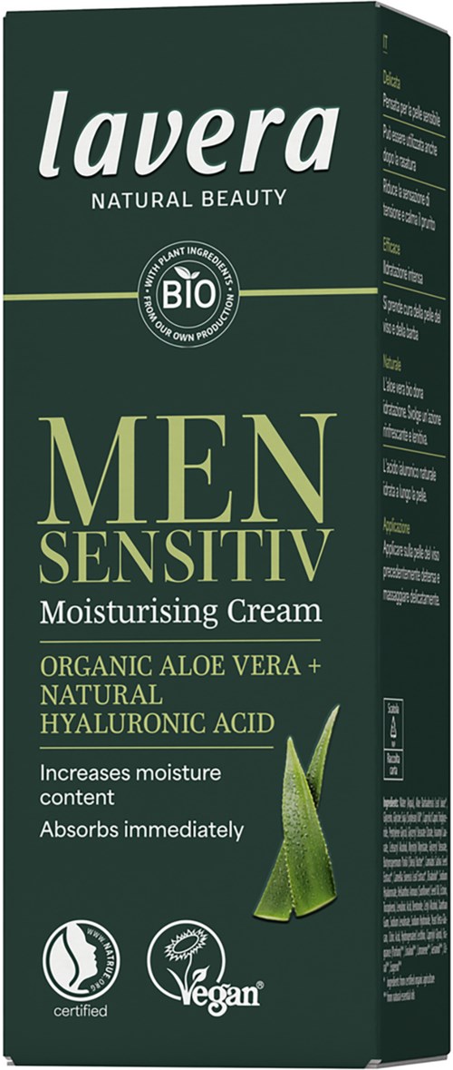 Lavera Men Sensitive moisturizing cream with aloe vera and hyaluronic acid, vegan, organic, increases moisture, absorbs quickly.