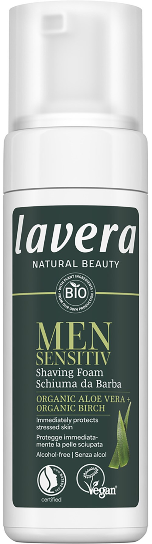 Witte fles met groen label voor scheergel voor mannen, bevat aloë vera en berk, veganistisch, biologisch en alcoholvrij.