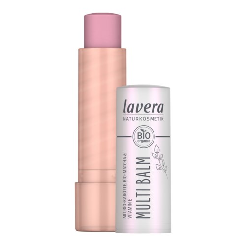En rosa pinne med beige lokk og en hvit beholder merket Lavera Multi Lip Balm og Bio organic.