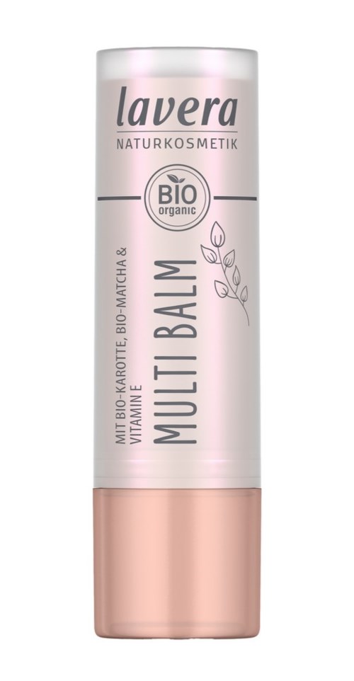 Lavera økologisk multi-balm i en rosa beholder, med urter og naturlige ingredienser, designet for hudpleie.