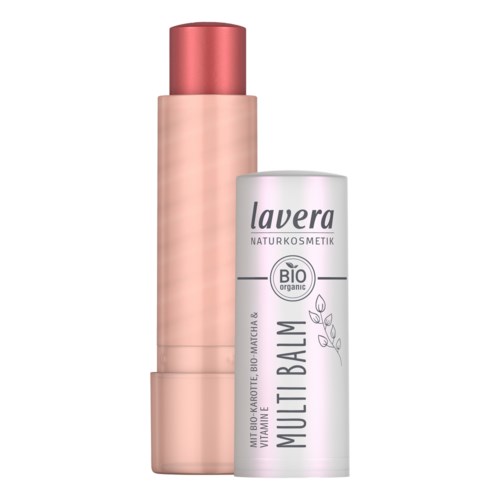 Leppepommetube med rosa hette og hvit kropp merket 'Lavera Multi Balm' og 'Bio organic'.