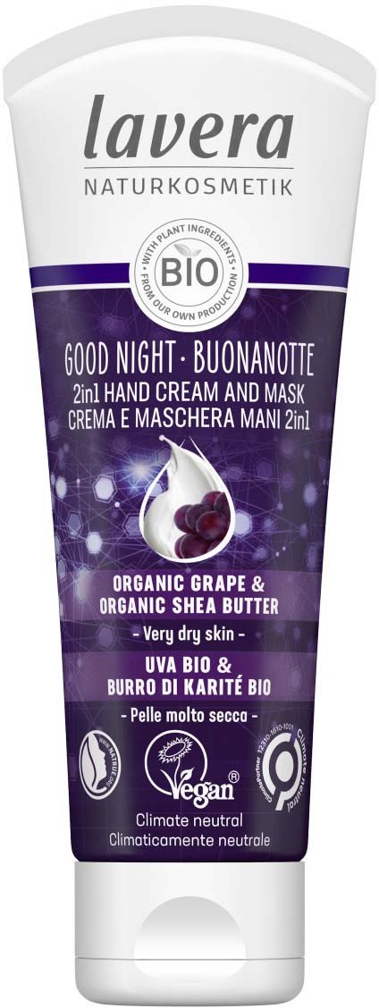 En tub med Lavera Good Night handkräm och mask med ekologisk druva och shea smör. Vegansk, för torr hud.