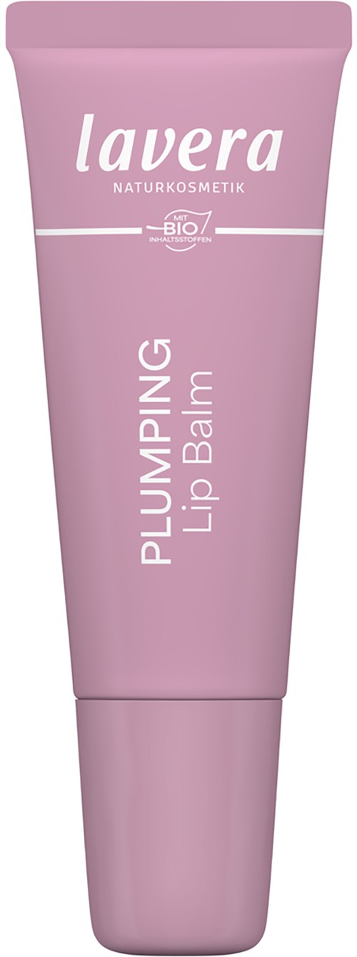 Rosa tub med Lavera plumping läppbalsam med vit text och logga.