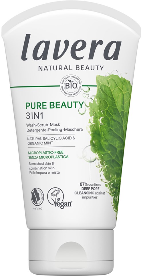 A white tube of Lavera skincare with green leaves design and text about natural, organic, and vegan ingredients.