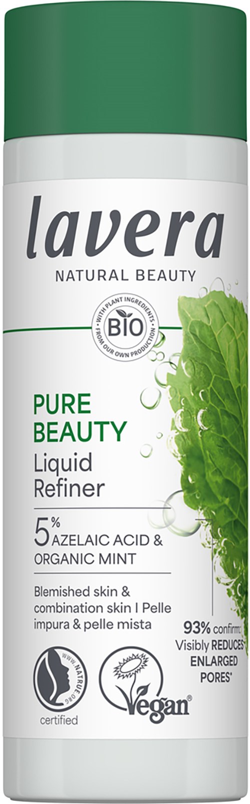 A can of Lavera Pure Beauty Liquid Refiner with mint and azelaic acid, for skin, vegan and organic.