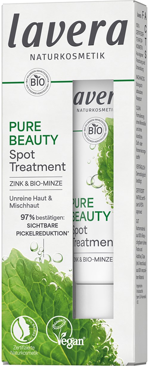 Verpakking voor een huidverzorgingsproduct met groene bladeren en witte achtergrond, gemerkt 'Lavera Pure Beauty Spot Treatment' met natuurlijke en veganistische iconen.
