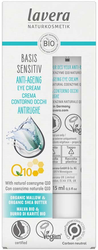 A box of Lavera anti-aging eye cream with natural ingredients and eco-friendly certification symbols.