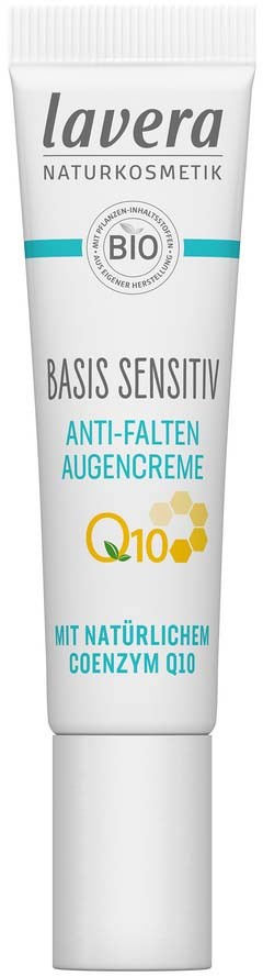 A white tube labeled Lavera, with blue and yellow accents, claims to be sensitive, anti-wrinkle eye cream with natural Coenzyme Q10.