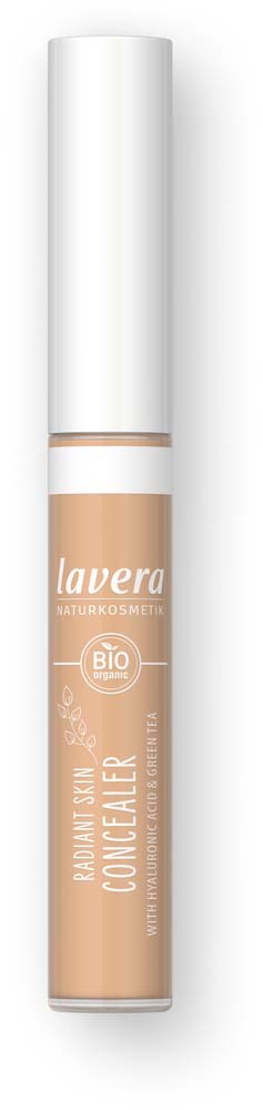 Pitkä ja ohut pullo, valkoinen korkki ja beige etiketti, merkiltään Lavera, Organic Skin Concealer, BIO.