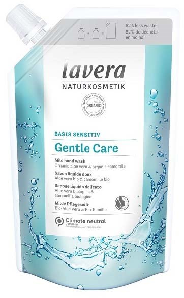 A refill pouch for gentle hand wash, labeled with brand 'Lavera', organic, mild, and eco-friendly, with water splash design.