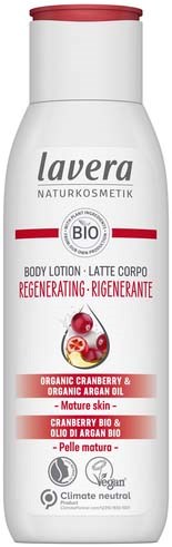 A white bottle with red cap and label, showing it is organic cranberry body lotion for regenerating skin.