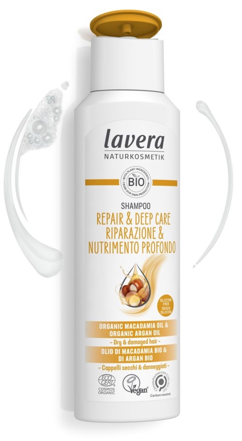 White bottle with gold and black text, contains Lavera shampoo for repairing deep hair care, organic macadamia and argan oils.