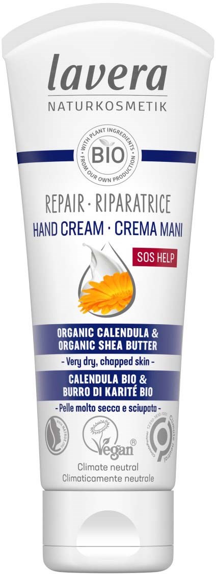 A white tube of Lavera hand cream with blue and red text, highlighting organic ingredients and vegan label.