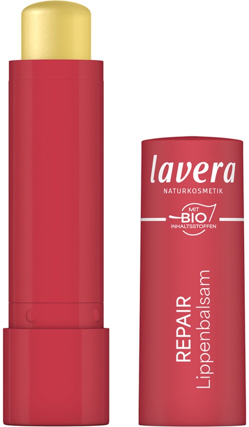 Ett rött läppbalsam med gul kork och en separat röd tub med texten Lavera Repair Lippenbalsam.
