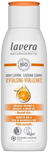 A white body lotion bottle with orange and gray labels, labeled 'Lavera' and 'BIO'.