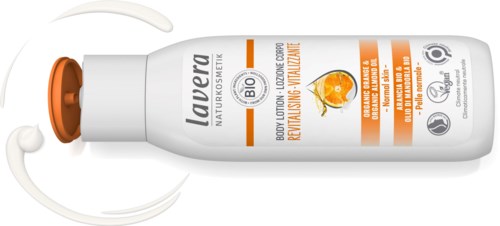 A white bottle with orange details offers body lotion, labeled with natural ingredients and benefits for skin.