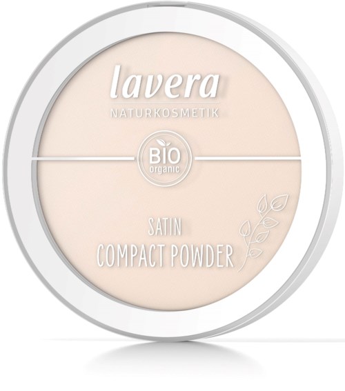 En rund puderask med etiketter: 'Lavera Naturkosmetik, BIO organic, Satin, Compact Powder' och en bladdesign.