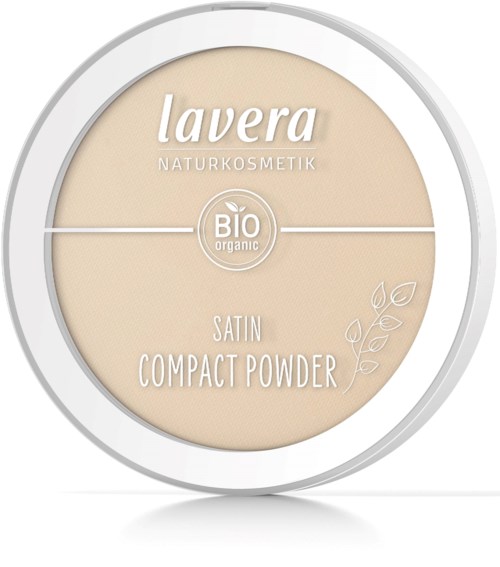 Satin kompakt puder från Lavera, med ekologisk certifiering, i beige färg, med lövillustrationer på höger sida.