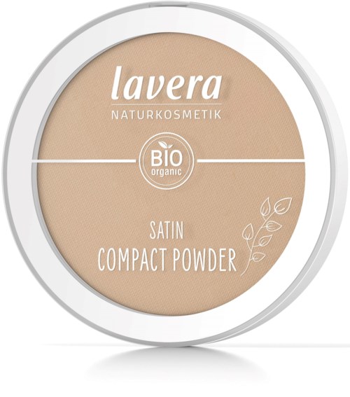 Eine beige Kompaktpuderverpackung mit der Aufschrift 'Lavera NATURKOSMETIK', 'BIO organic' und 'SATIN' sowie einem Blattdesign.