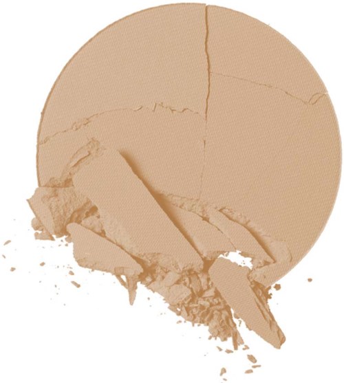 Ein runder beige Make-up-Puder mit zerbrochenen Stückchen und Staub.