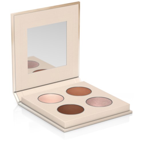 En beige makeup- palett med fyra runda nyanser och en spegel i locket.