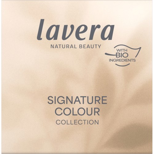 Lavera SIGNATURE COLOUR COLLECTION-logotyp på beige förpackning med naturliga och ekologiska ingredienser.