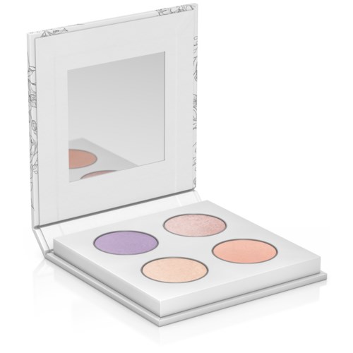 A white makeup palette with four colorful eyeshadows, a mirror inside the lid, and a sleek design.