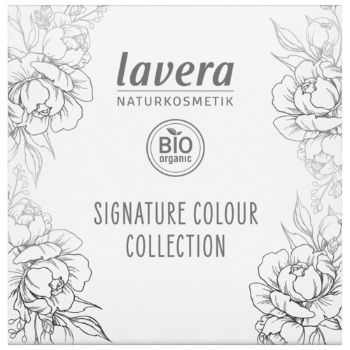 Lavera Naturkosmetik logo with floral design and text about organic, signature color collection.
