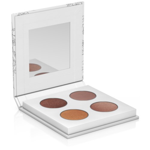 A white makeup palette with five eyeshadow shades and a mirror inside the lid.