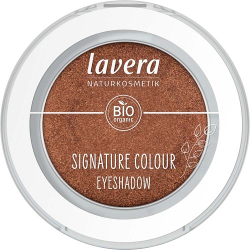 Ett runt ögonskuggaskåp med brunt färg och vitt text. Det har etiketter som "Lavera," "Bio," och "Signature Colour Eyeshadow."