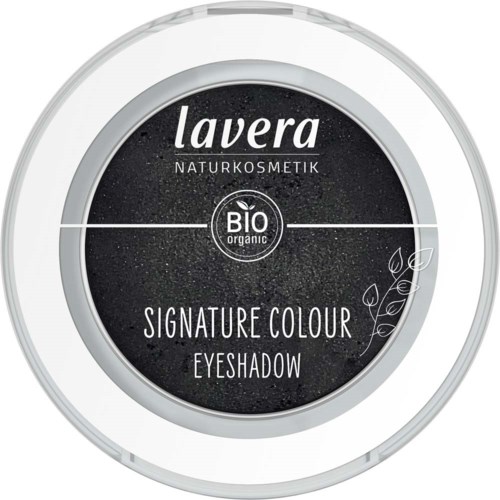 A round eyeshadow container labeled 'Lavera Organic Signature Colour Eyeshadow' with black and white text, decorative leaves, and a clear lid.