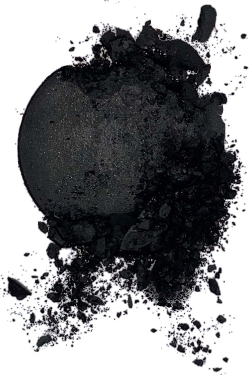 A black ink or paint splatter with a large circular area and scattered fragments around it.
