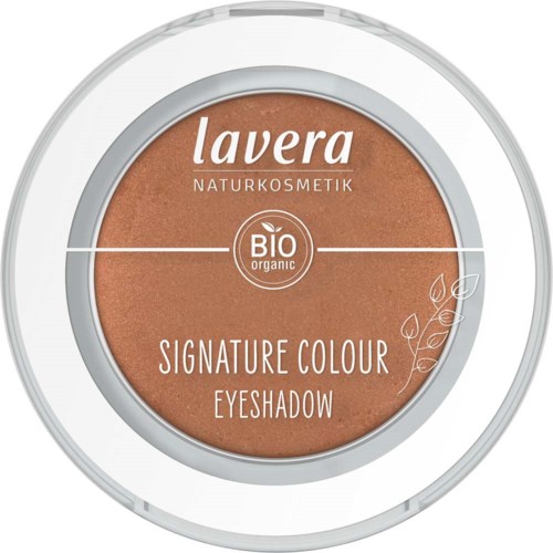 En runt behållare med Lavera ekologisk ögonskugga i brunt, med vit text och ett bladmotiv.