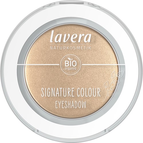 A beige eyeshadow compact with 'Lavera', 'Bio', and product details on the cover.