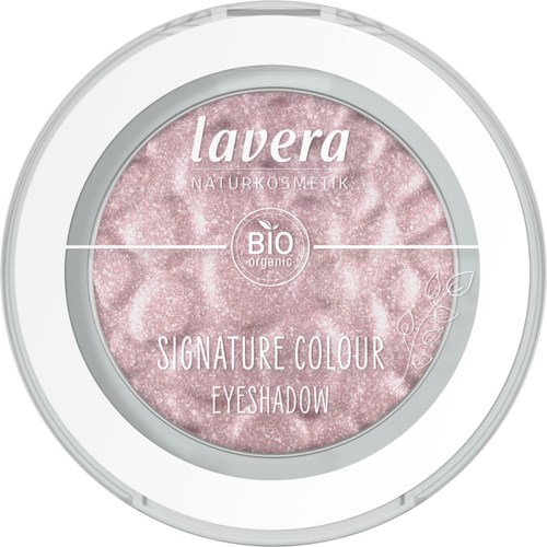 Pink glitter eyeshadow with white text and floral design elements inside a clear container.