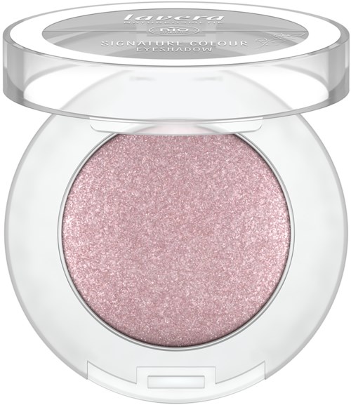 Round pink eyeshadow with a sparkly, glittery surface in a clear plastic container.