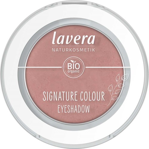 A round eyeshadow container with pink color and text about natural, organic, and signature colour. Contains leaves illustration.