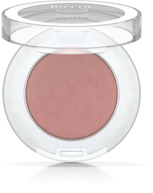 A pink blush in a round clear compact with a transparent lid.