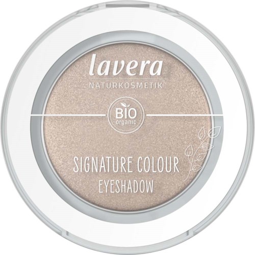 A round eyeshadow container with beige shade, labeled 'Lavera' and 'Signature Colour'. It has eco-friendly and organic marks.