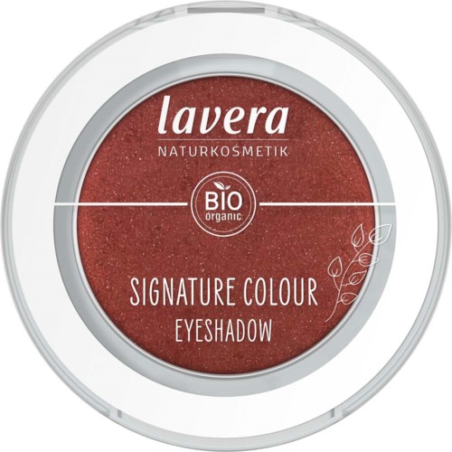 A round container of organic eyeshadow in a reddish shade, with white text and a small leaf design.