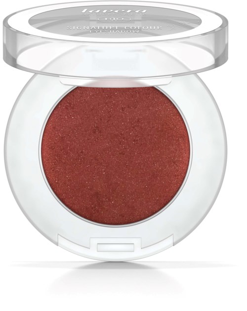 A red eyeshadow in a round, clear compact with a transparent lid.