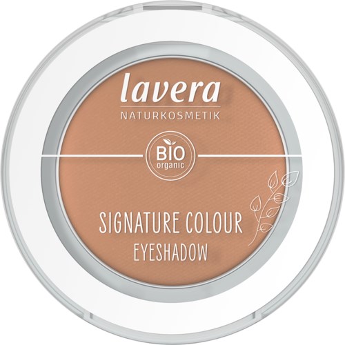 A round eyeshadow container with brown color, branding for Lavera organic cosmetics, and floral design.