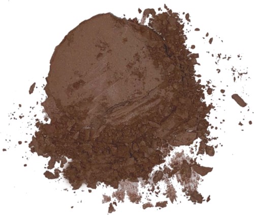 A mound of brown powder, possibly cocoa or soil, with scattered small pieces on a white background.