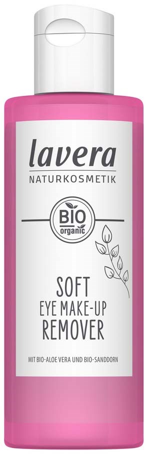 Rosa Flasche mit Lavera Bio Augen Make-up Entferner, weißes Etikett und schwarze Schrift.